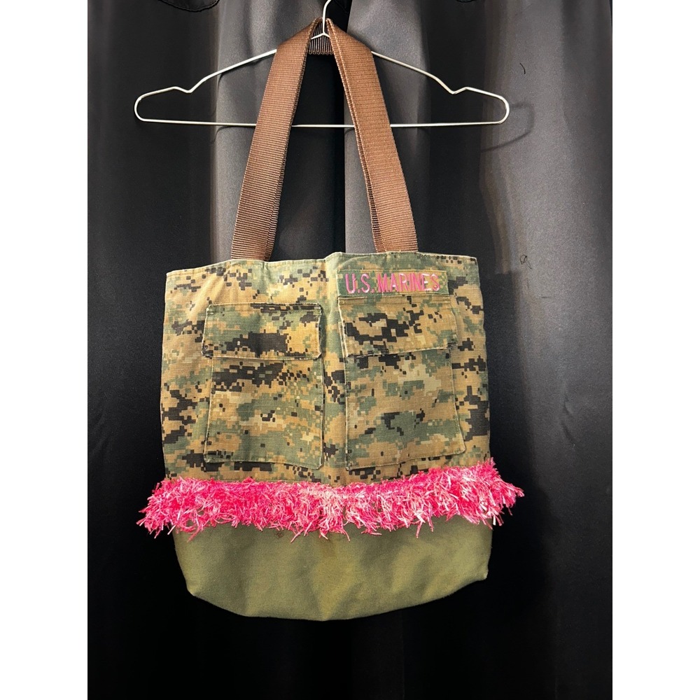 Jane Wayne Gear US Marines MARPAT Camo Tote Bag Pink Fringe Military Repurposed